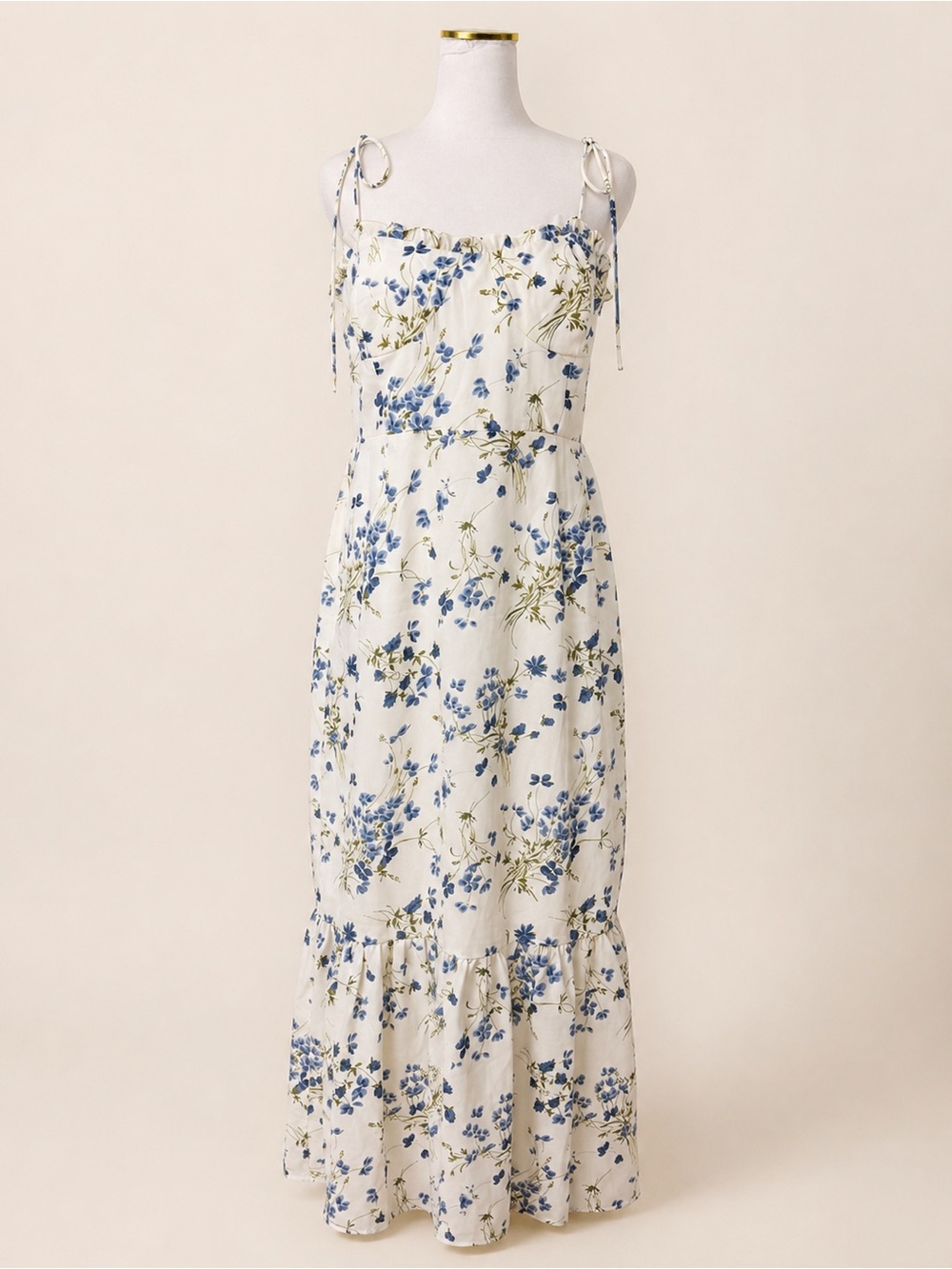 Commense Floral Tie Strap Smocked Back Ruffle Hem Maxi Dress